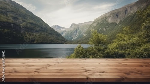 Empty wooden table with mountain view