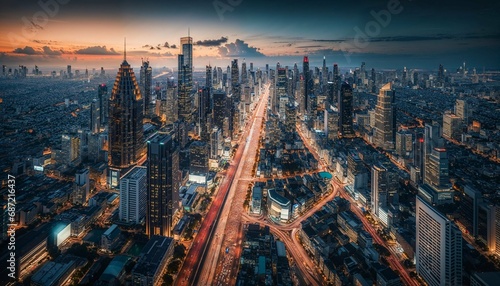 Dramatic Sunset Over Urban Skyline with Bustling Cityscape

