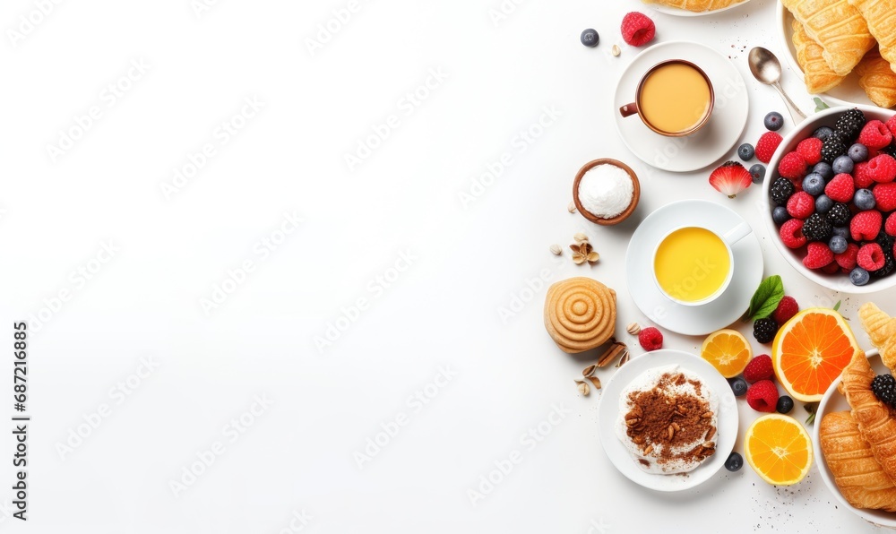 Top view of Healthy breakfast concept with fresh pancakes, berries, fruit on white backgroudt. Free space for your text. Top view of Healthy breakfast concept with fresh pancakes, berries, fruit on white backgroudt. Free space for your text.