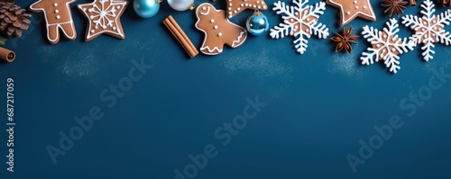 Beautiful Christmas decoration with amazing gingerbread cookies. Merry christmas theme. Christmas greeting card over blue background, top view. Flat lay with copy space for xmas greetings.