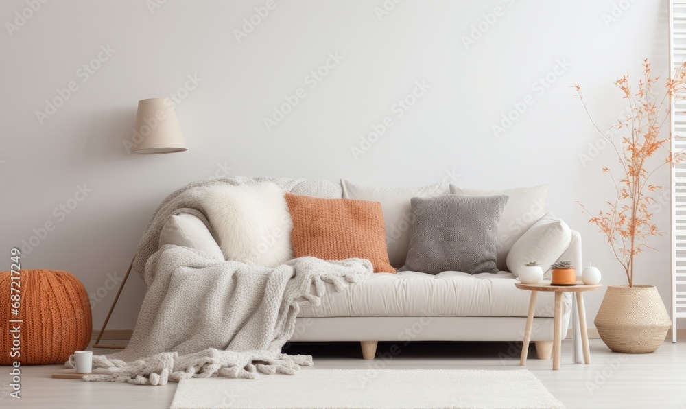Interior design, detail of bright sofa with pillows and a warm blanket