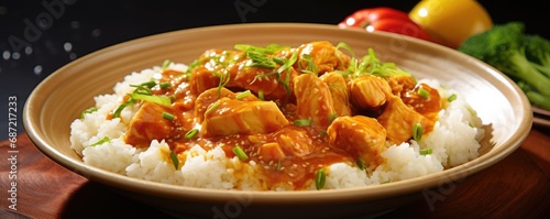 Delicious chicken curry with rice served on a plate and ready to eat. Healthy eating concept photo