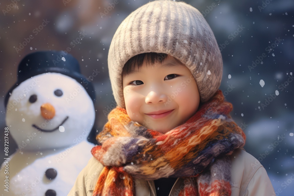 On a cold winter day, a little kid is playing in the snow, building a snowman On a cold winter day, a little kid is playing in the snow, building a snowman