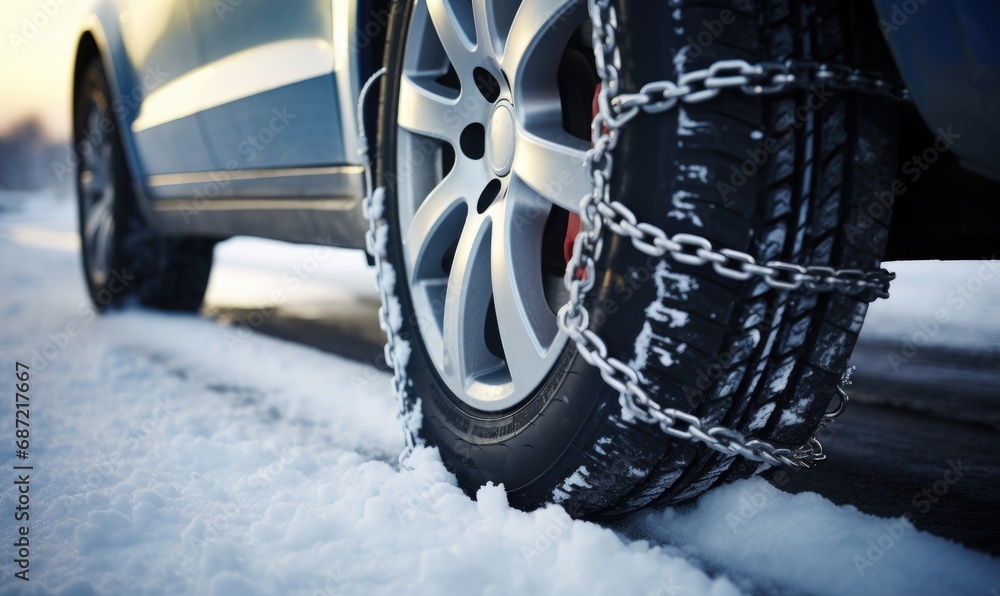 Snow Chains on a car wheel in winter on snowy road. Close up photo of winter tire with snow chains.