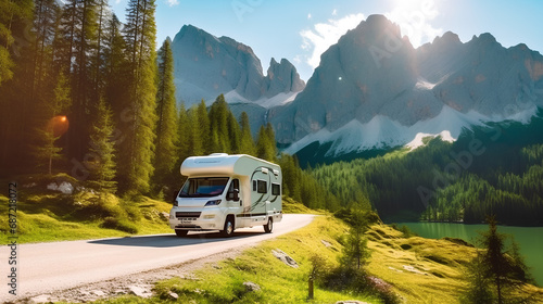 A mobile home or trailer in a mountainous area is a beautiful landscape. photo