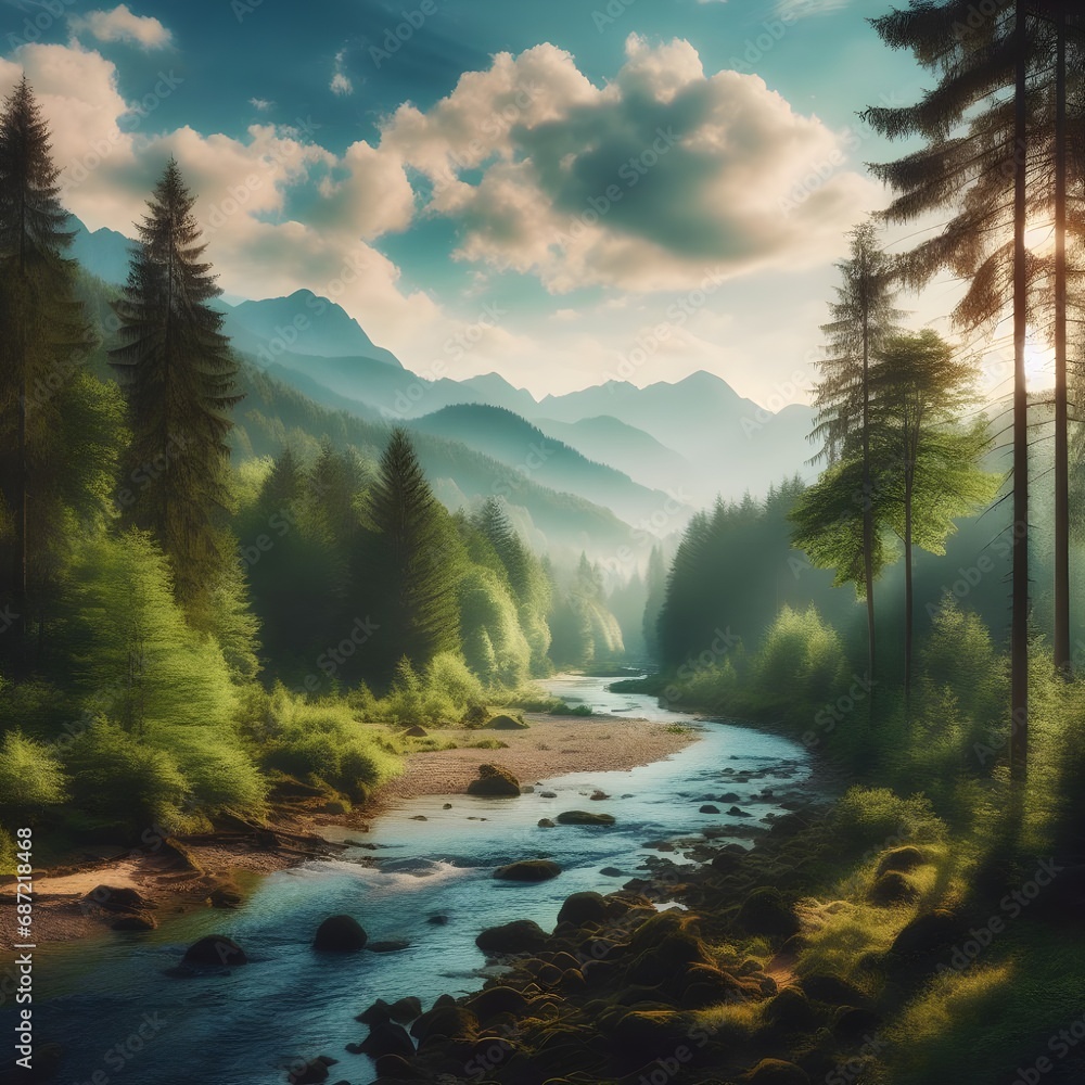 Tranquil river winding through lush forest, The river is clear and blue, and the forest is green and vibrant. The mountains in the background add a sense of scale and grandeur