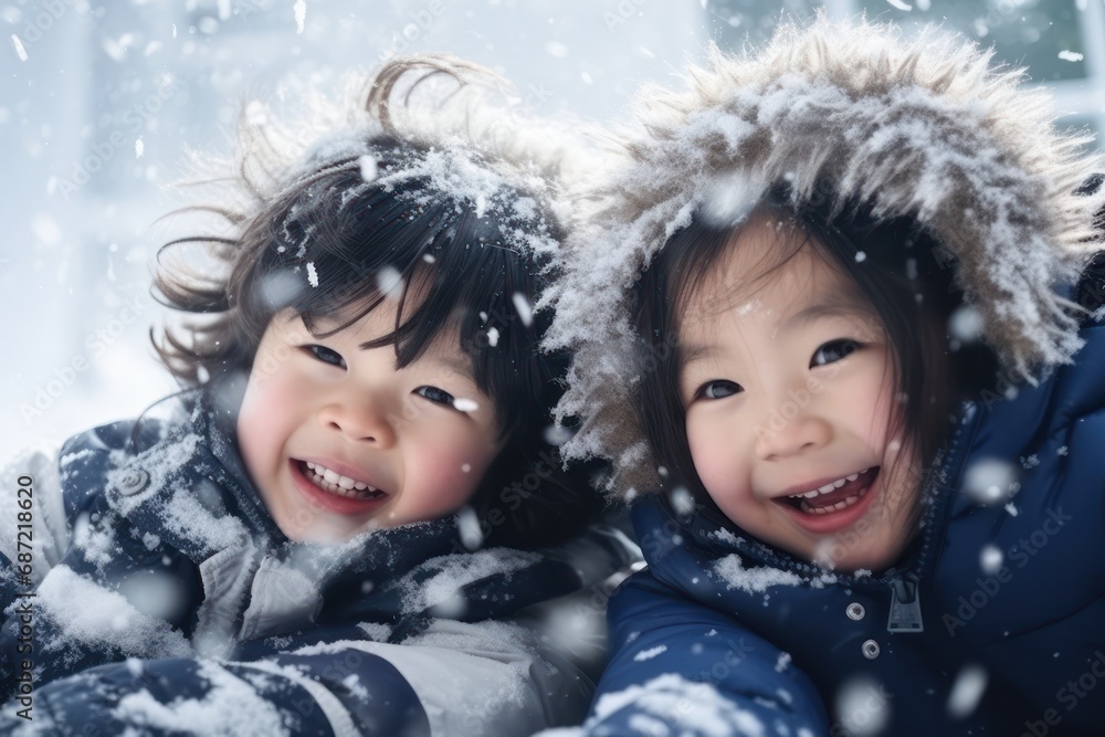 Group of children playing on snow in winter time, Created using generative AI tools Group of children playing on snow in winter time, Created using generative AI tools