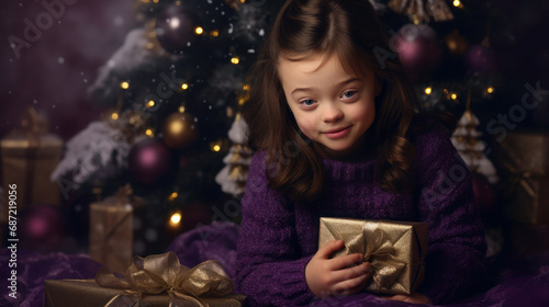 smiling little girl with down syndrome among Christmas decorations and gift boxes. disabled child in a purple sweater