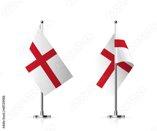 Set of flags of England on pole vector illustration. 3D realistic british white and red flagpoles isolated on white background. Vertical stand, desktop flagstaff. Cross of St. George on metal stick