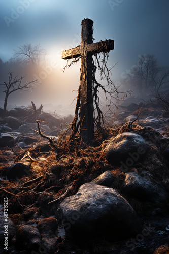 cross standing by the roadside in the mountains, winter landscape. AI generativ.