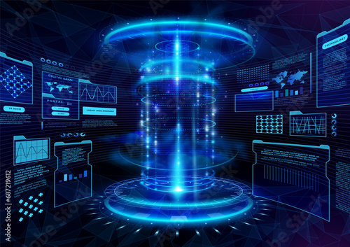 Tech background. Digital game hud, 3d lab hologram, ai and ui fantasy frame, techno vr cyberspace room. Blue glowing surface. Various hologram panels and dashboards. Vector cyber exact platform