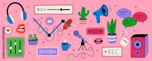 Podcast record. Doodle laptop, pencil, radio and voice icons, mouth with music and coffee for content makers. Headphones and mic. Entertainment show. Vector cartoon garish design, isolated elements