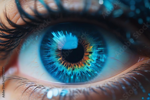 A close-up of a person's eyes reflecting a screen filled with data visualizations