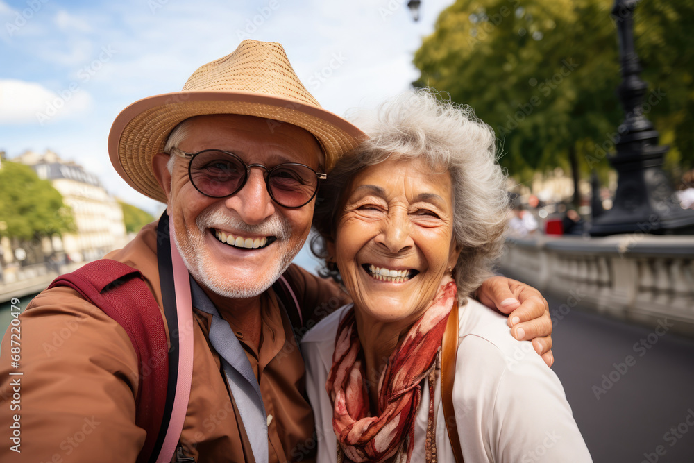 Retired old couple having fun on holiday while traveling