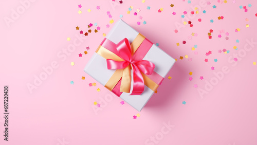 Gift box with colorful confetti on pink background  top view