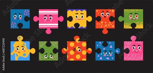 Puzzle characters. Abstract doodle faces, cute and smile emotion shapes, people eye and mouth on mosaic pieces. Funny jigsaw emoji with different expressions. Teamwork symbol. Vector cartoon tidy set