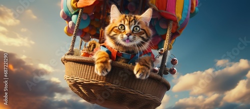 a cat in a basket flies in a hot air balloon photo