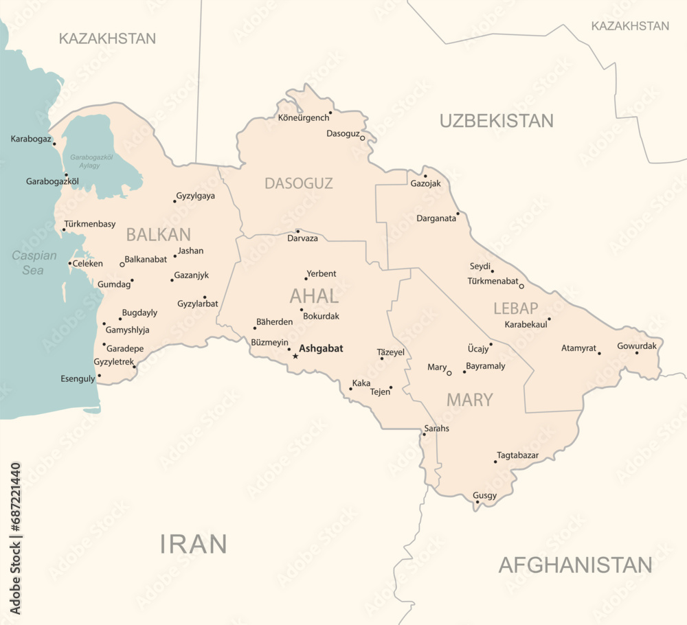 Fototapeta premium Turkmenistan - detailed map with administrative divisions country.