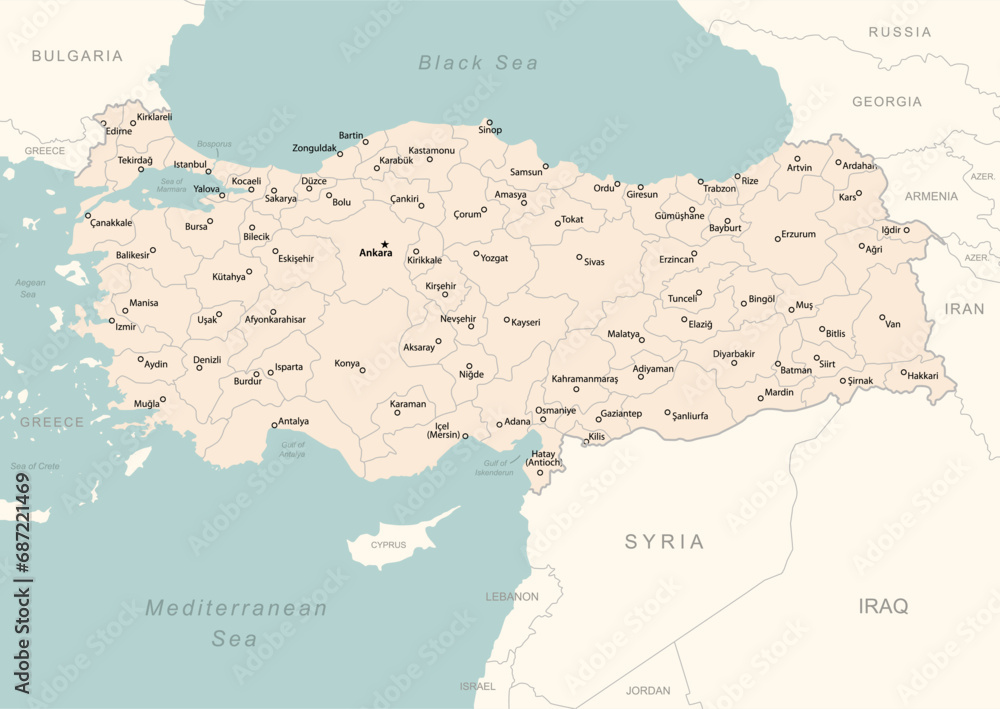Turkey - detailed map with administrative divisions country.