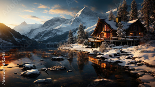 Snowbound Serenity: Cozy Wooden Cabin Retreat. Generative AI photo
