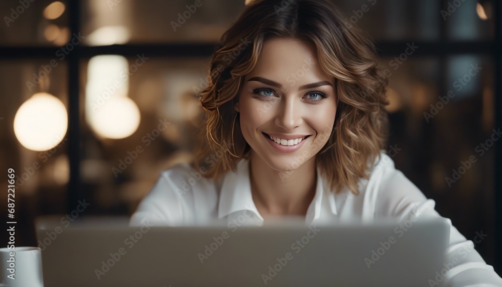 Close up portrait of young beautiful woman smiling while working with laptop in office Close up portrait of young beautiful woman smiling while working with laptop in office