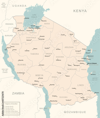 Tanzania - detailed map with administrative divisions country.