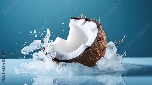 horizontal close up view of half coconut splashed on iced water AI generated © AlfredoGiordano