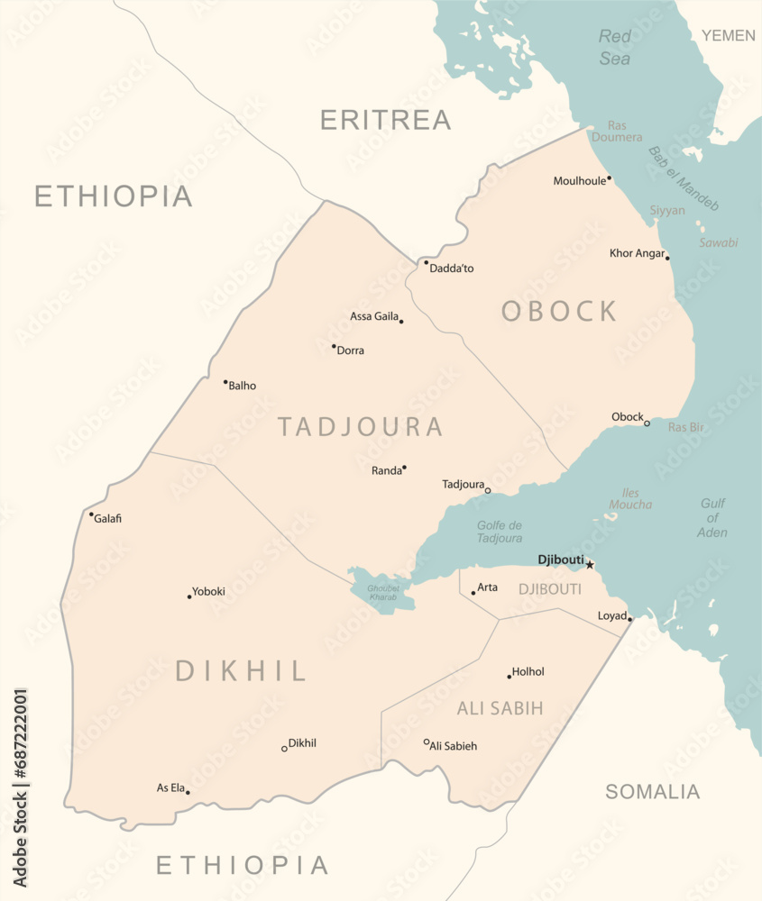 Obraz premium Djibouti - detailed map with administrative divisions country. illustration