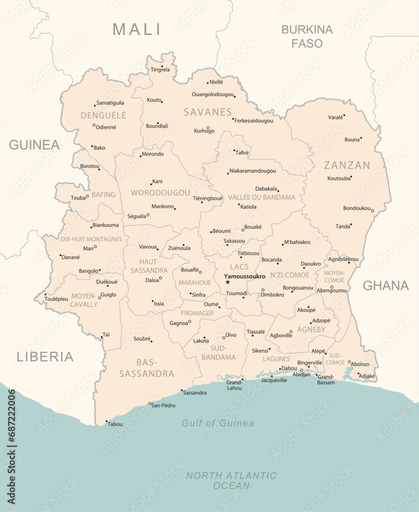 Fototapeta premium Cote dIvoire - detailed map with administrative divisions country.