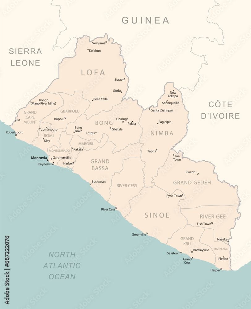Fototapeta premium Liberia - detailed map with administrative divisions country.