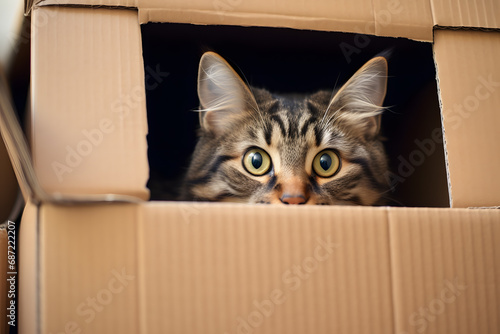 Domestic cat hiding inside cardboard box