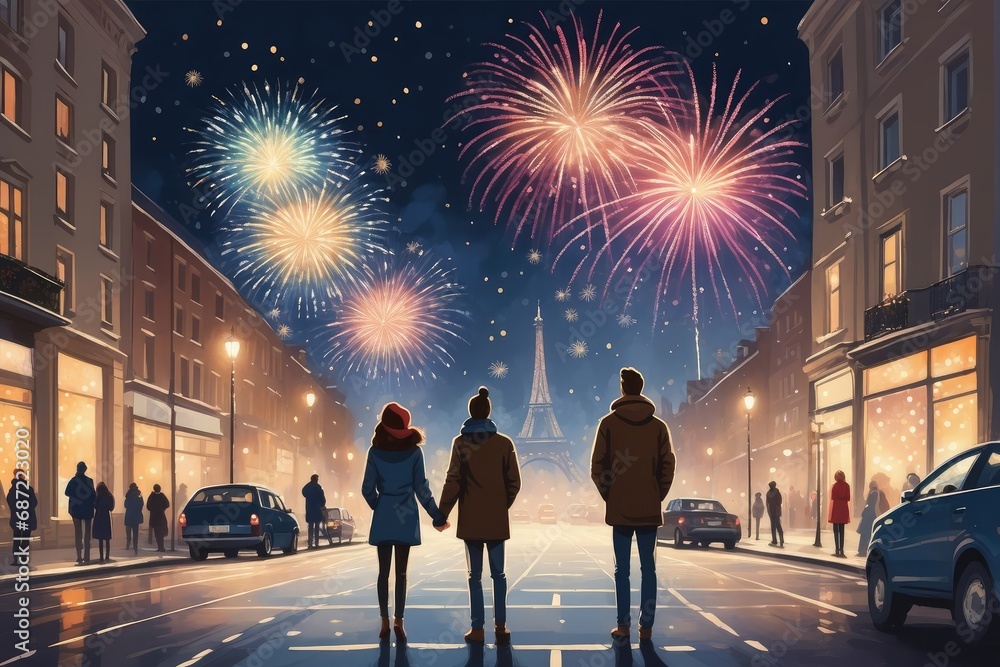 New Year's Eve Fireworks in the City, illustration : Generative AI

