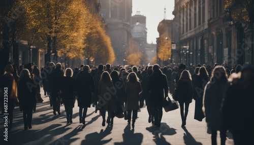 crowd of people walking on city street photo