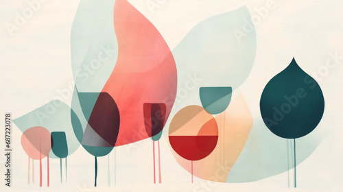 Wine art. Wine minimalistic minimalistic illustrations. Wine Bottle and glass. Bright colors. Watercolor style photo