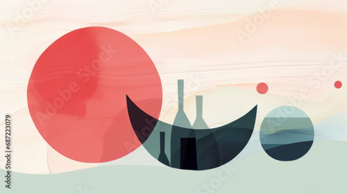 Wine art. Wine minimalistic minimalistic illustrations. Wine Bottle and glass. Bright colors. Watercolor style