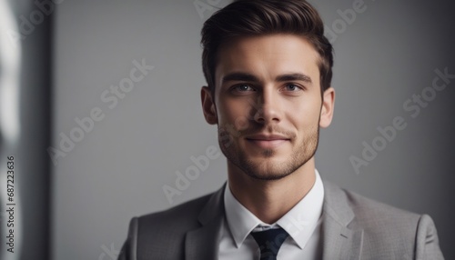 Happy young business man posing isolated over grey wall background.-topaz.jpeg, Happy young business man posing isolated over grey wall background