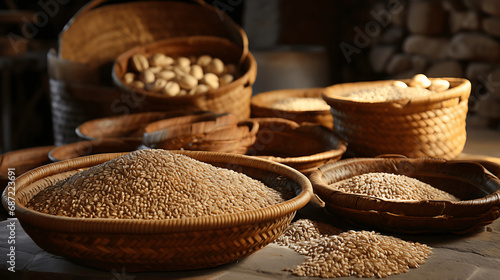 vasijas llenas de trigo y cereales photo