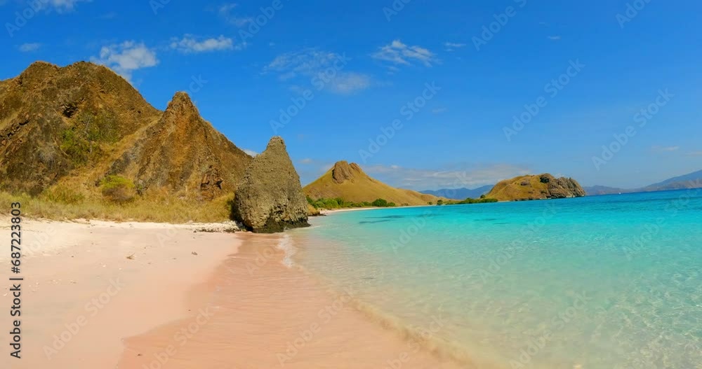 Aerial: Drone Forward Scenic View Of Coastline By Komodo Mountains On Sunny Day Aerial: Drone Forward Scenic View Of Coastline By Komodo Mountains On Sunny Day