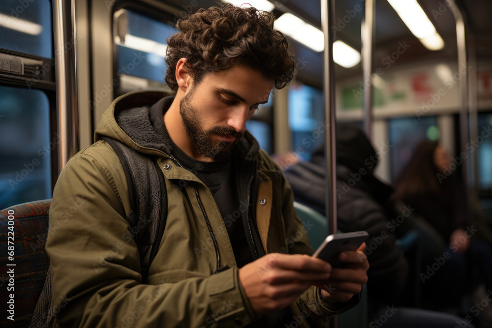 Young hipster man looking at his phone on a tram, bus or subway Young hipster man looking at his phone on a tram, bus or subway