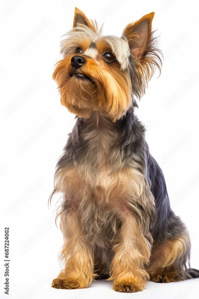 Small dog sitting down with white background and brown and black dog. Small dog sitting down with white background and brown and black dog.