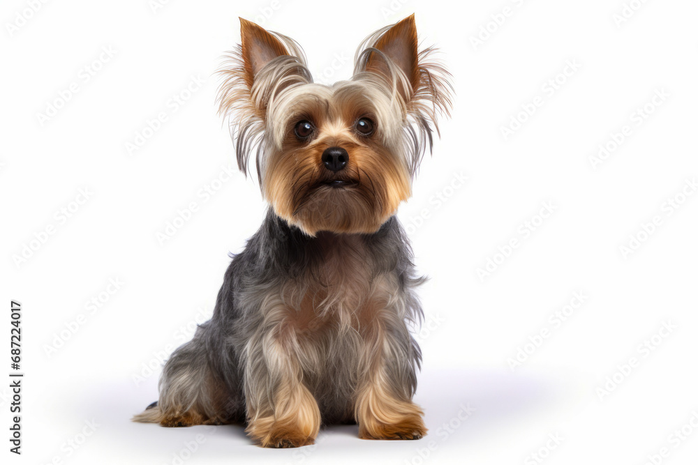 Small dog sitting down with white background and brown and black dog. Small dog sitting down with white background and brown and black dog.