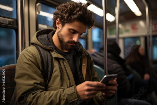 Young hipster man looking at his phone on a tram, bus or subway