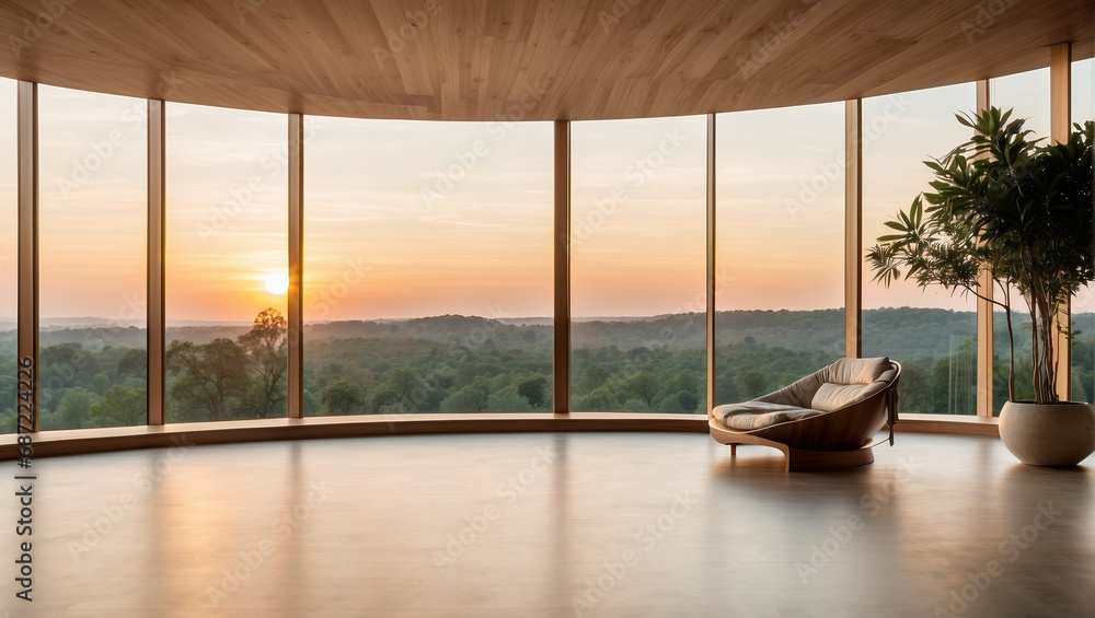 Gran salón de madera con grandes ventanales, con vistas a un gran prado y la montañas. Arquitectura moderna.