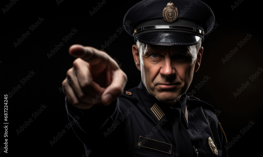 Serious menacing policeman points his finger at you