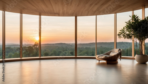 Gran sal  n de madera con grandes ventanales  con vistas a un gran prado y la monta  as. Arquitectura moderna.