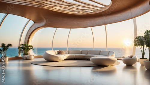 Gran salón futurista de madera al atardecer, con grandes ventanales, con vistas al mar. Arquitectura moderna. © LuisC