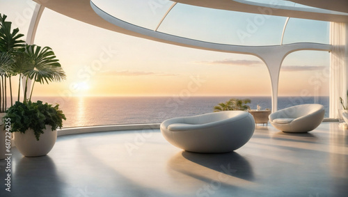 Gran salón futurista con grandes ventanales y vistas al mar. Arquitectura moderna.