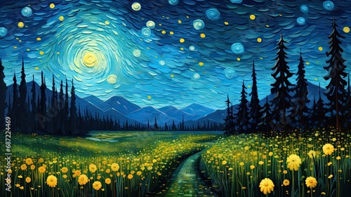 Starry sky with fireflies in style of Van Gogh oil painting