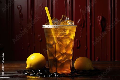 Indulge in the refreshing taste of a highball cocktail, garnished with a bright meyer lemon and a straw, as you relax indoors with a cup of iced tea