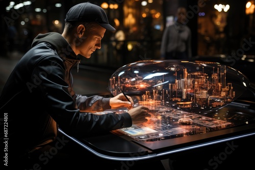 A man in stylish streetwear deftly navigates the digital world with a sleek stylus, the neon lights of the city casting a glow on his determined face